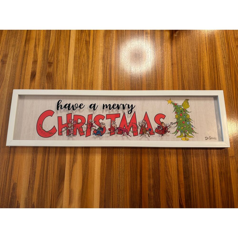 Dr. Seuss The Grinch “Have a Merry Christmas” Framed Glass Wall Sign – 8" x 30"